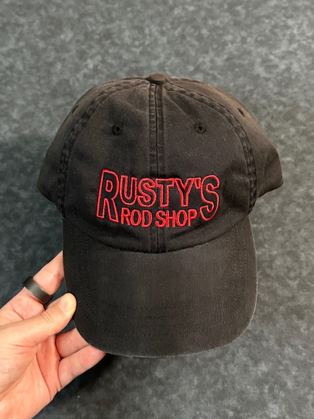 Rusty's Rod Shop Black and Red Embroidered Baseball Hat Cap